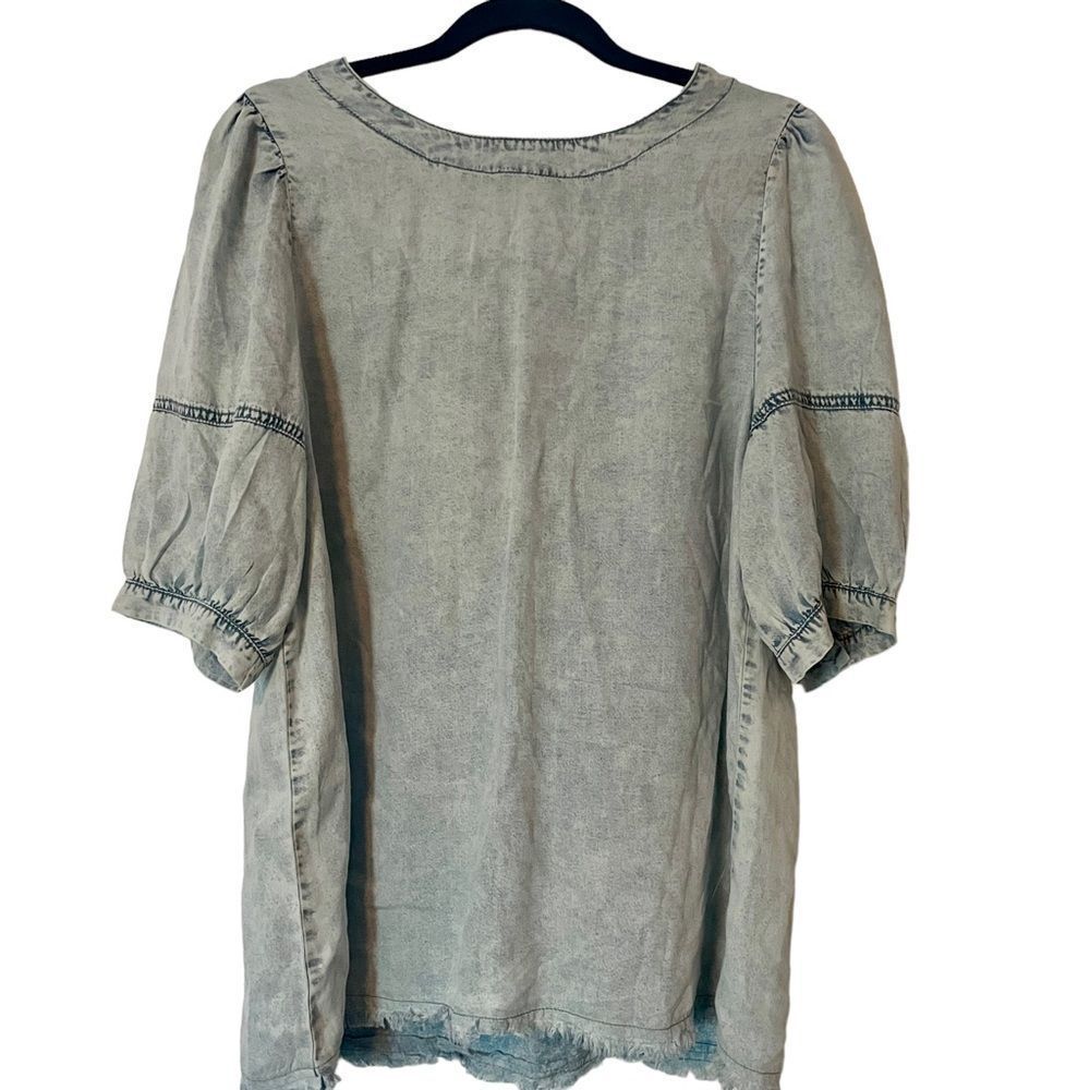 Denim/Chambray Puff-sleeved Top with Frayed Hem, Light Blue Top